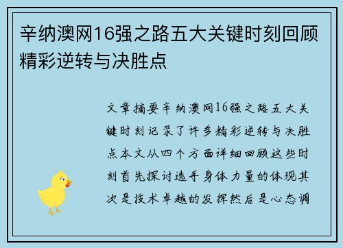 辛纳澳网16强之路五大关键时刻回顾精彩逆转与决胜点